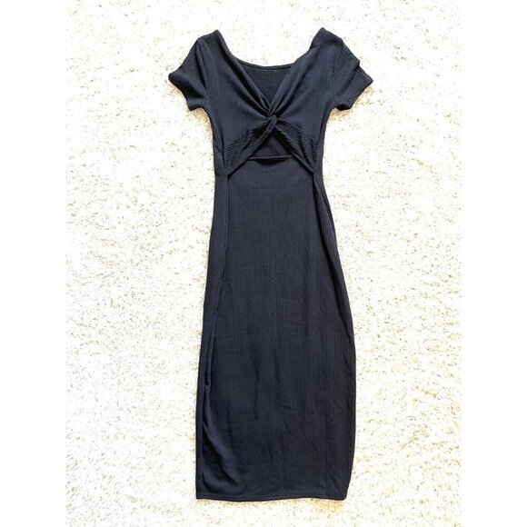 Antistar Soft Stretch Ribbed Black Midi Dress With Back Cutout & Short Sleeves N - Picture 2 of 5